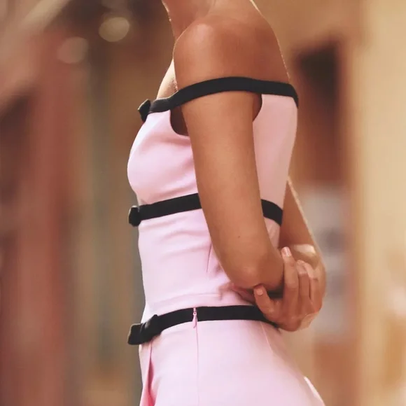 NWT Zara TIE FRONT CROP TOP Pink Black Bow Off The Shoulder Top Size Small - Picture 4 of 13